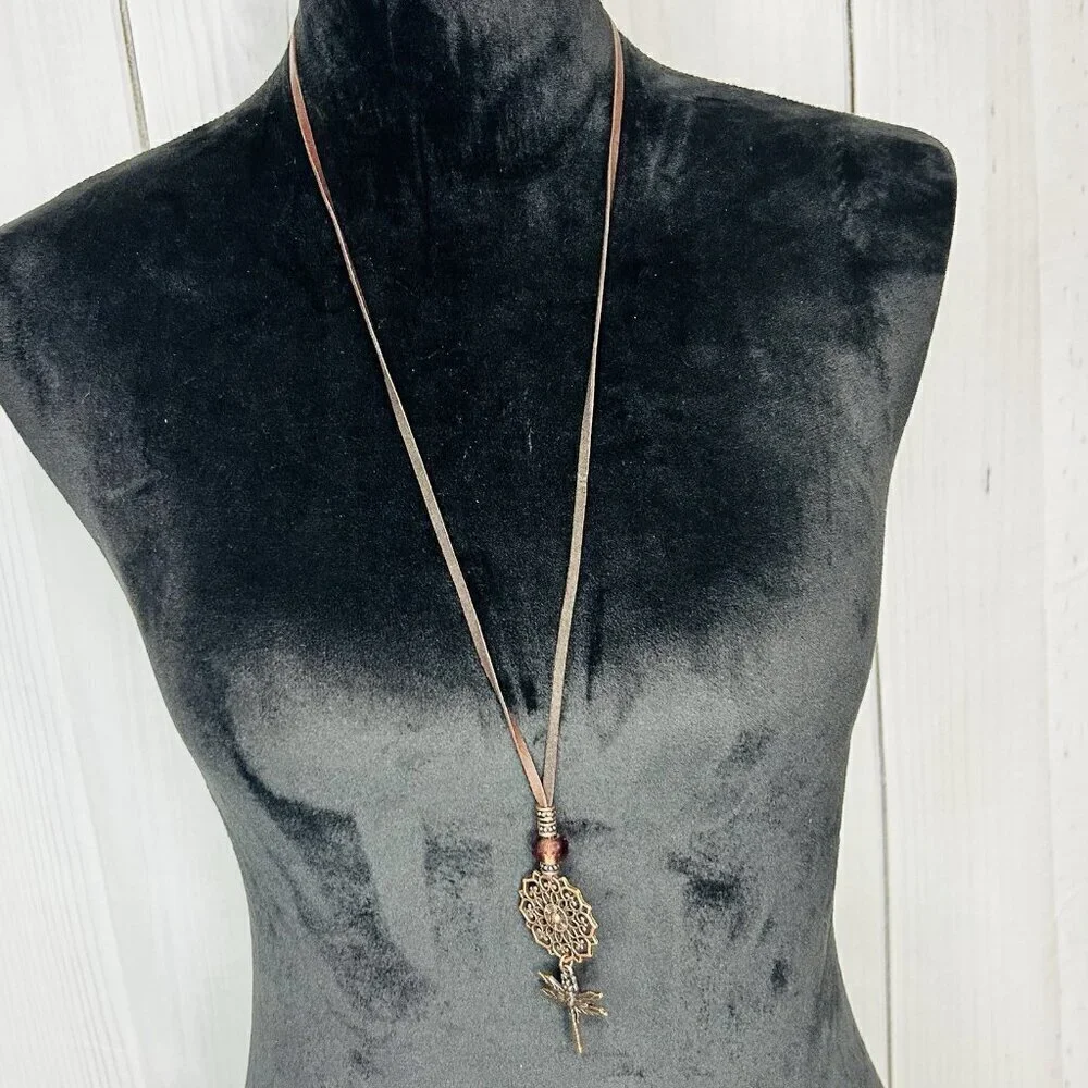 Flowers Dragonfly Necklace Antiqued Bronze Tone Leather Long 34